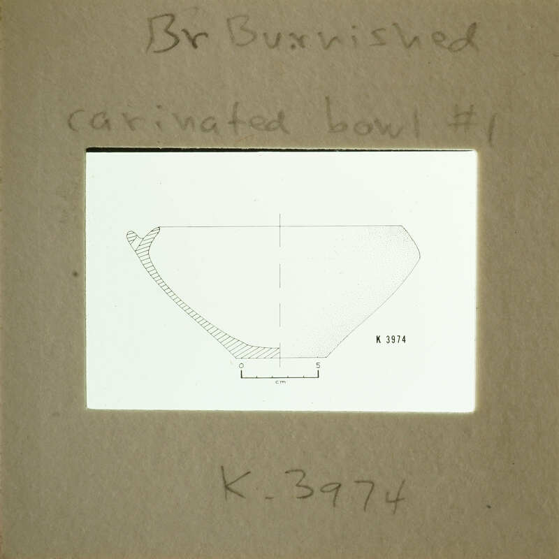Drawing of a carinated bowl with dimensions and notes on paper.