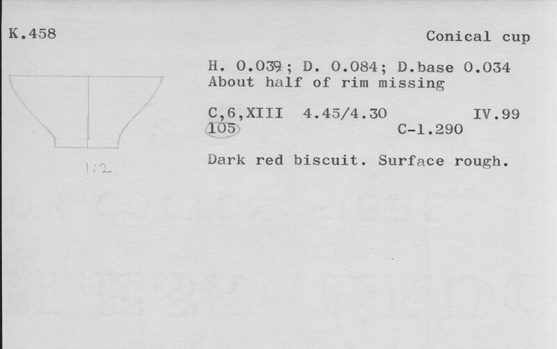Index card with typed and handwritten information, sometimes including a sketch, of pottery from an excavation.