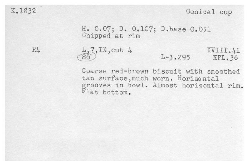 Index card with typed and handwritten information, sometimes including a sketch, of pottery from an excavation.