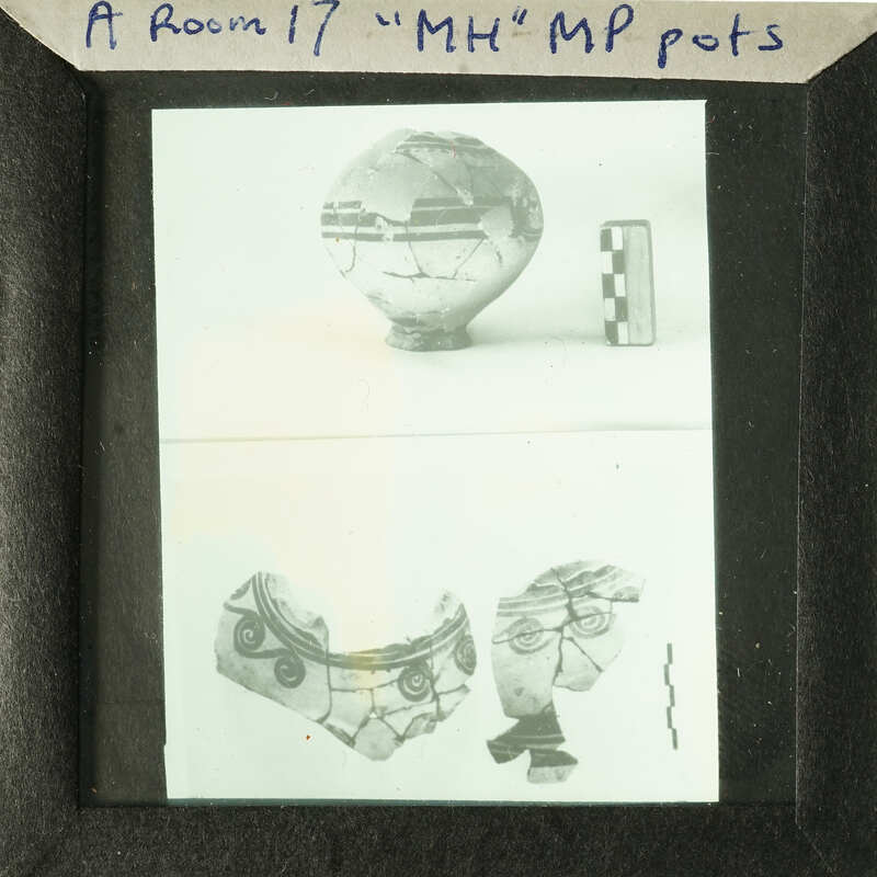 Ancient pottery with intricate designs, displayed on two separate slides.