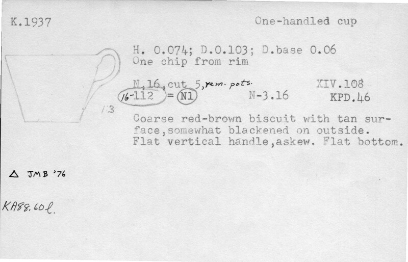 Index card with typed and handwritten information, sometimes including a sketch, of pottery from an excavation.