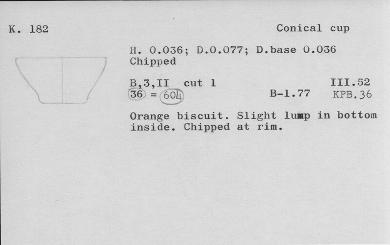 Index card with typed and handwritten information, sometimes including a sketch, of pottery from an excavation.