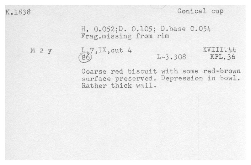 Index card with typed and handwritten information, sometimes including a sketch, of pottery from an excavation.