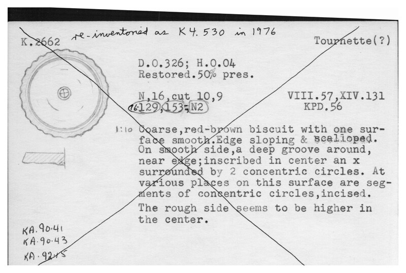 Index card with typed and handwritten information, sometimes including a sketch, of pottery from an excavation.