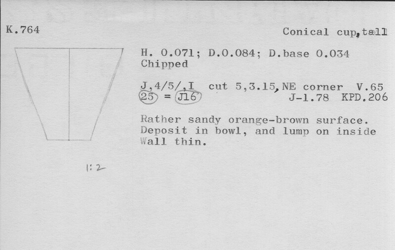 Index card with typed and handwritten information, sometimes including a sketch, of pottery from an excavation.