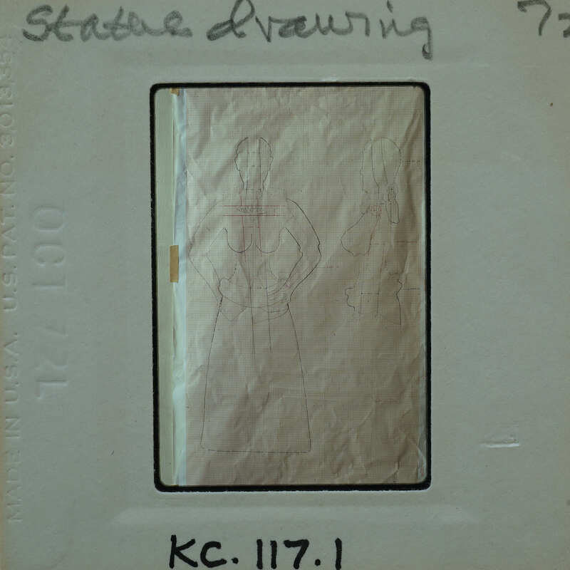 A vintage photograph of a mannequin with clothing on display, encased in a protective cover labeled "STATUE DRAWING".