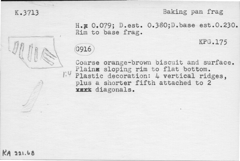 Index card with typed and handwritten information, sometimes including a sketch, of pottery from an excavation.