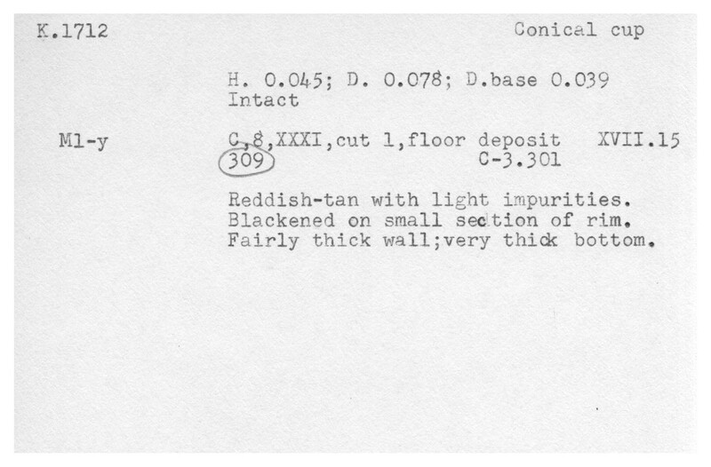 Index card with typed and handwritten information, sometimes including a sketch, of pottery from an excavation.