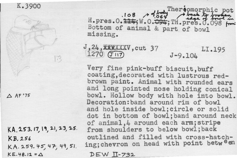 Index card with typed and handwritten information, sometimes including a sketch, of pottery from an excavation.