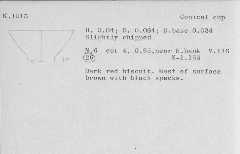 Index card with typed and handwritten information, sometimes including a sketch, of pottery from an excavation.