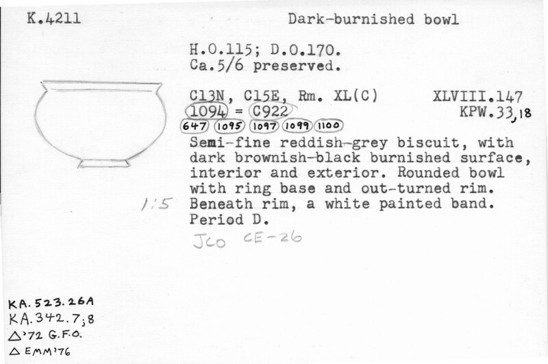 Index card with typed and handwritten information, sometimes including a sketch, of pottery from an excavation.