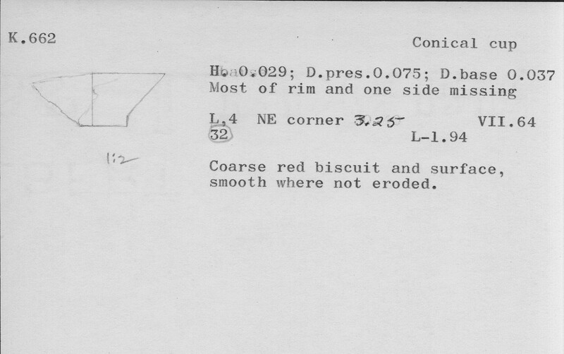 Index card with typed and handwritten information, sometimes including a sketch, of pottery from an excavation.