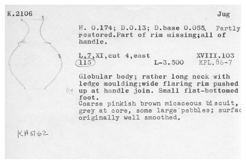Index card with typed and handwritten information, sometimes including a sketch, of pottery from an excavation.