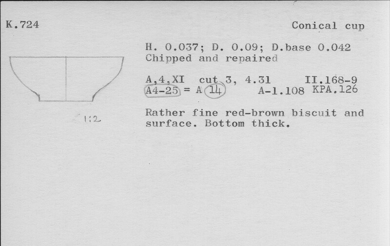 Index card with typed and handwritten information, sometimes including a sketch, of pottery from an excavation.