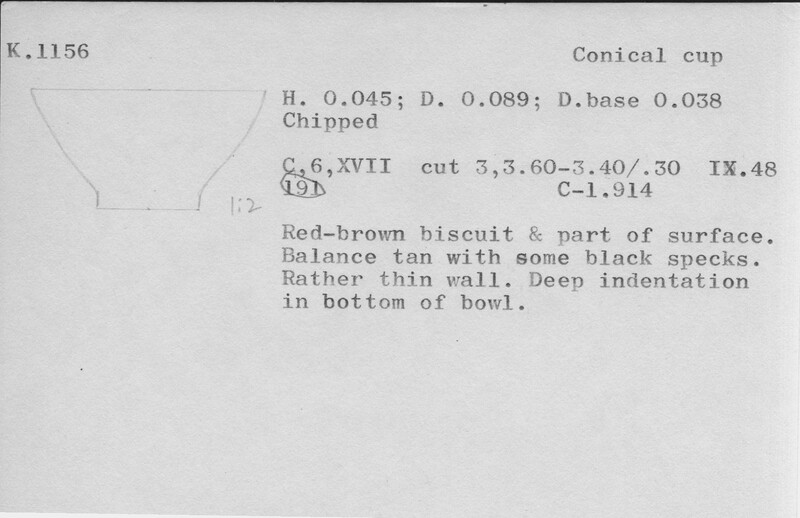 Index card with typed and handwritten information, sometimes including a sketch, of pottery from an excavation.