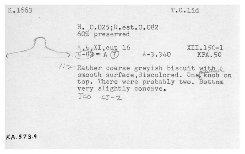 Index card with typed and handwritten information, sometimes including a sketch, of pottery from an excavation.