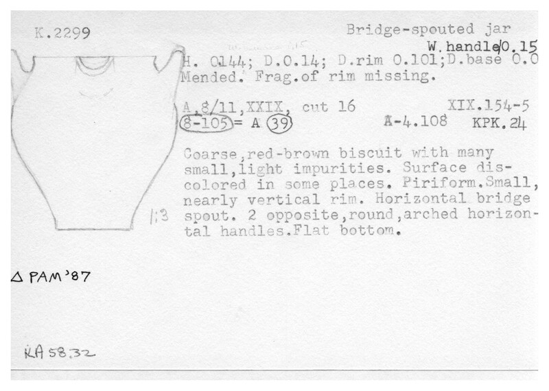 Index card with typed and handwritten information, sometimes including a sketch, of pottery from an excavation.