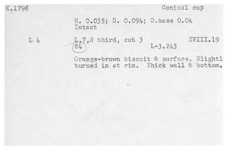 Index card with typed and handwritten information, sometimes including a sketch, of pottery from an excavation.