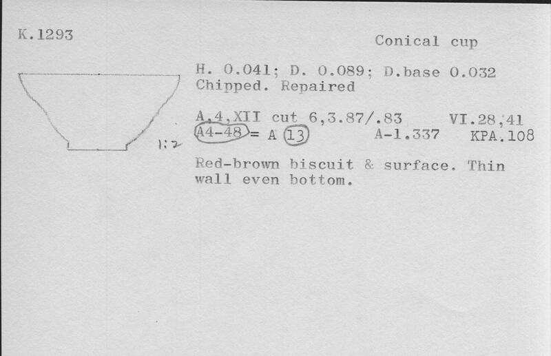 Index card with typed and handwritten information, sometimes including a sketch, of pottery from an excavation.
