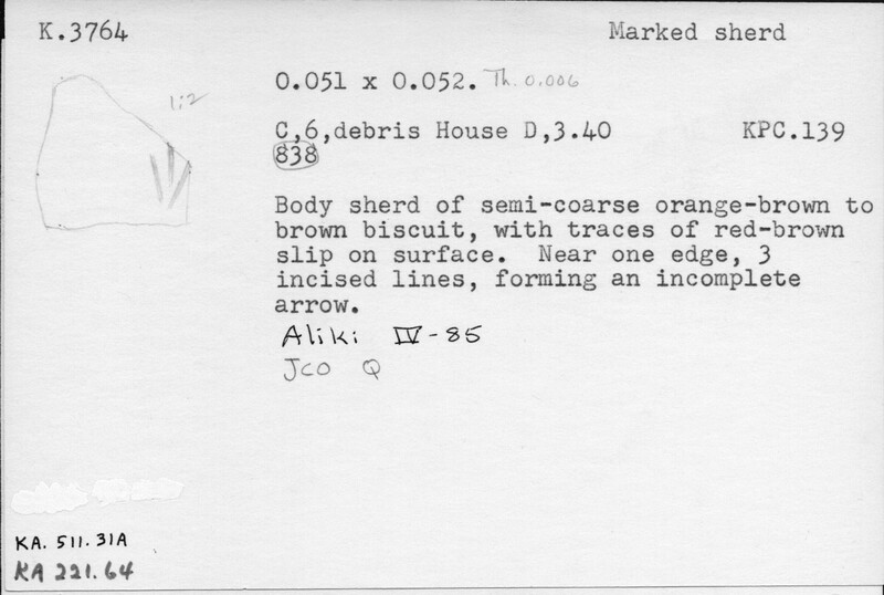 Index card with typed and handwritten information, sometimes including a sketch, of pottery from an excavation.