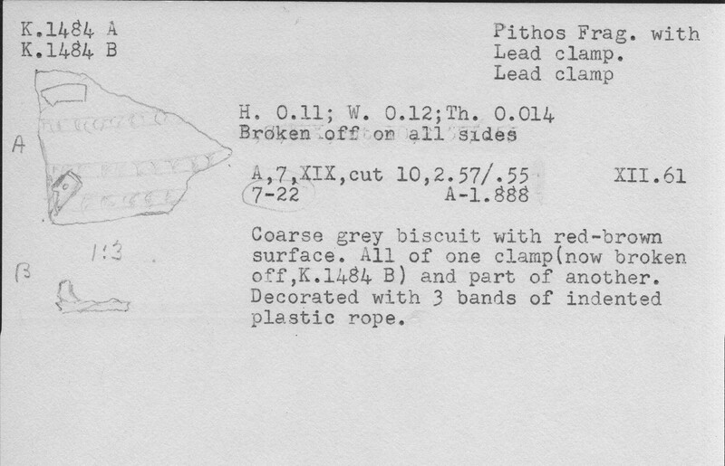 Index card with typed and handwritten information, sometimes including a sketch, of pottery from an excavation.