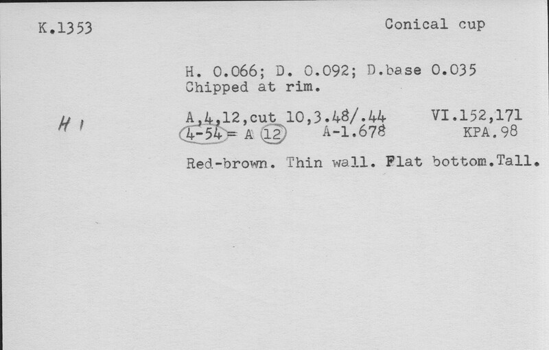 Index card with typed and handwritten information, sometimes including a sketch, of pottery from an excavation.