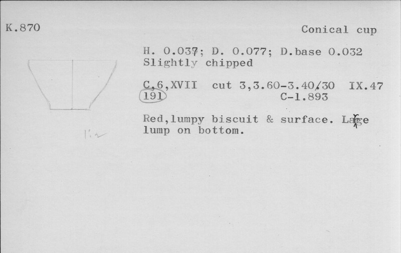 Index card with typed and handwritten information, sometimes including a sketch, of pottery from an excavation.
