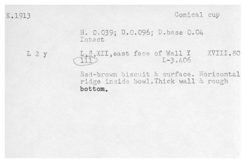 Index card with typed and handwritten information, sometimes including a sketch, of pottery from an excavation.