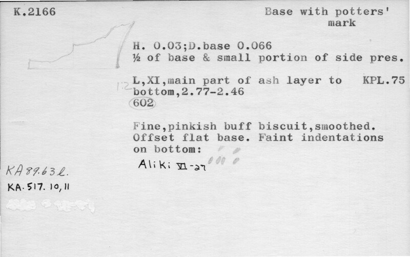 Index card with typed and handwritten information, sometimes including a sketch, of pottery from an excavation.
