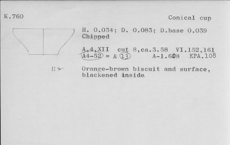 Index card with typed and handwritten information, sometimes including a sketch, of pottery from an excavation.