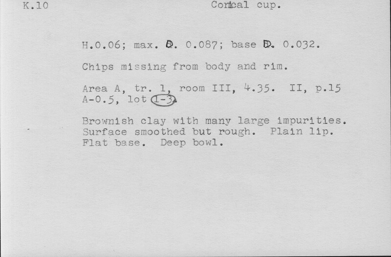 Index card with typed and handwritten information, sometimes including a sketch, of pottery from an excavation.