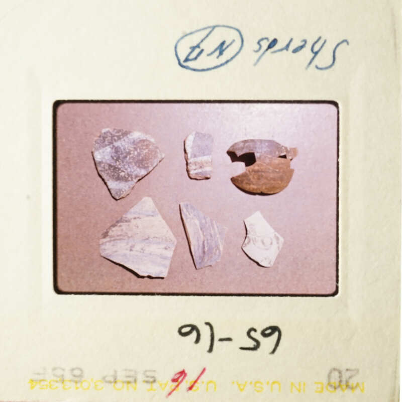 The photograph shows a collection of small, irregularly shaped pieces of pottery displayed on a light background.