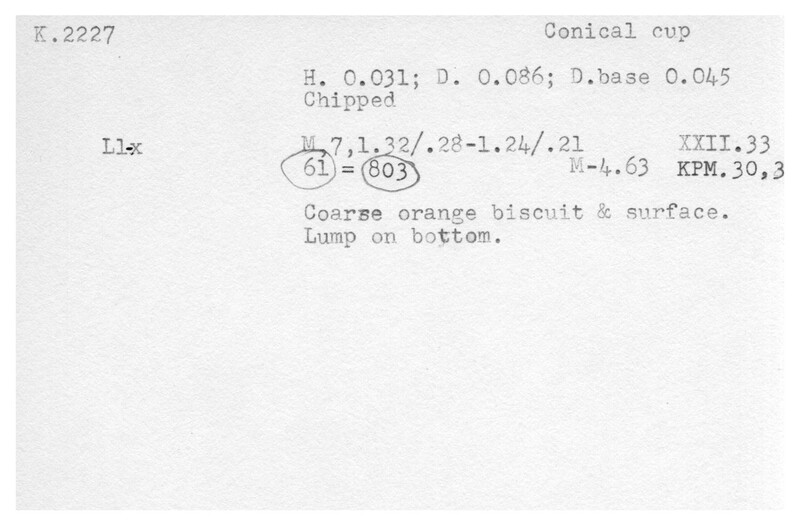 Index card with typed and handwritten information, sometimes including a sketch, of pottery from an excavation.