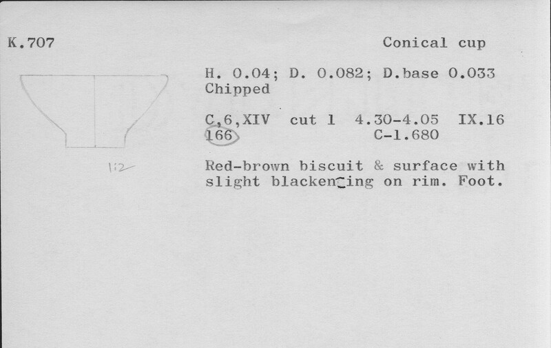 Index card with typed and handwritten information, sometimes including a sketch, of pottery from an excavation.