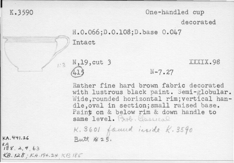 Index card with typed and handwritten information, sometimes including a sketch, of pottery from an excavation.