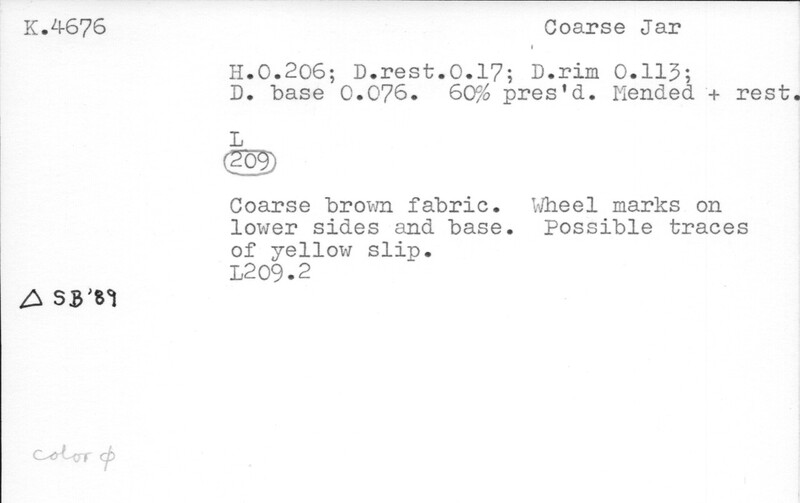 Index card with typed and handwritten information, sometimes including a sketch, of pottery from an excavation.
