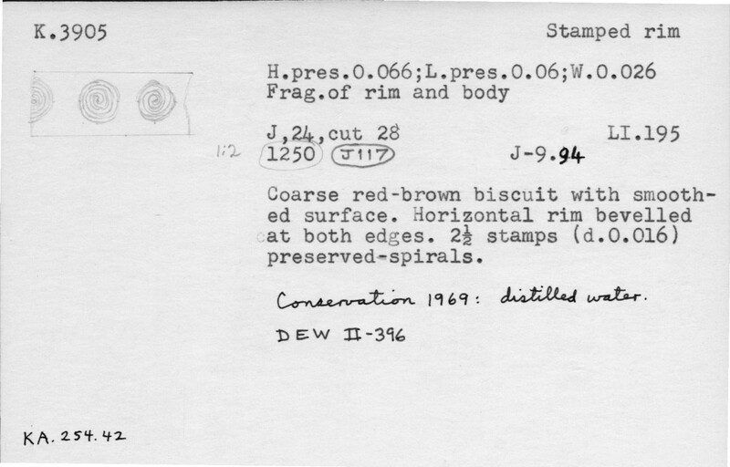 Index card with typed and handwritten information, sometimes including a sketch, of pottery from an excavation.