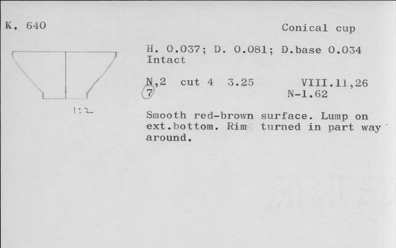 Index card with typed and handwritten information, sometimes including a sketch, of pottery from an excavation.