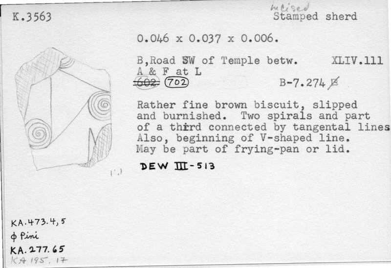 Index card with typed and handwritten information, sometimes including a sketch, of pottery from an excavation.