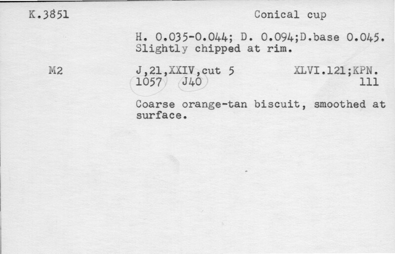 Index card with typed and handwritten information, sometimes including a sketch, of pottery from an excavation.