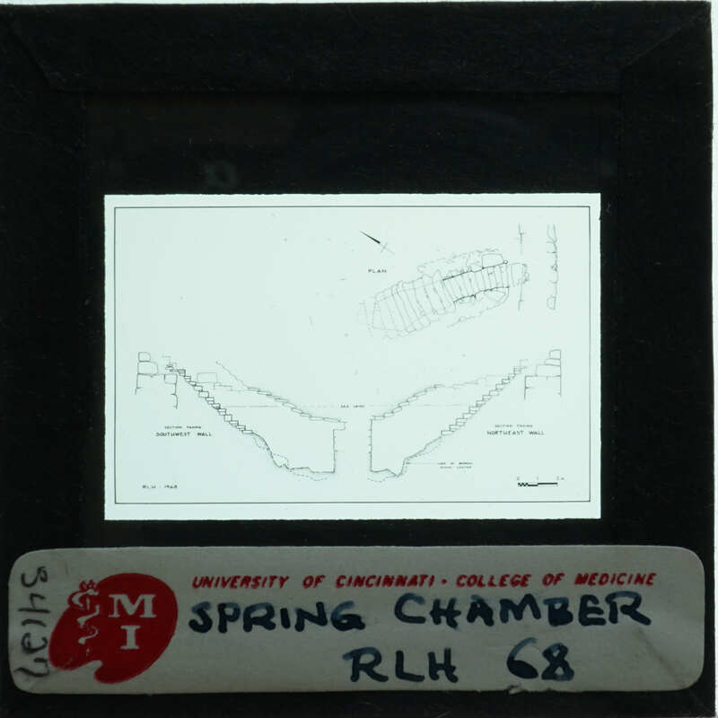 A black and white sketch of spring chamber walls with a label on it.