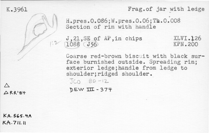 Index card with typed and handwritten information, sometimes including a sketch, of pottery from an excavation.