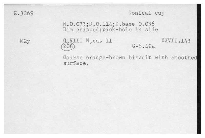 Index card with typed and handwritten information, sometimes including a sketch, of pottery from an excavation.