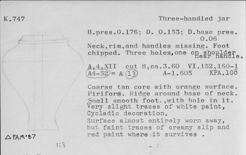 Index card with typed and handwritten information, sometimes including a sketch, of pottery from an excavation.