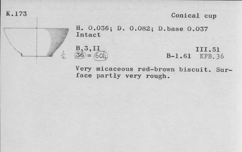 Index card with typed and handwritten information, sometimes including a sketch, of pottery from an excavation.