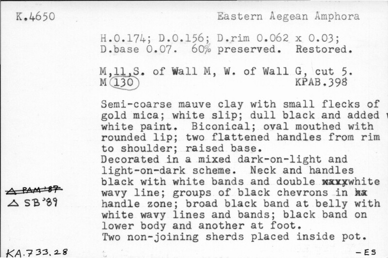 Index card with typed and handwritten information, sometimes including a sketch, of pottery from an excavation.