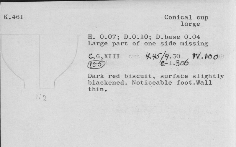 Index card with typed and handwritten information, sometimes including a sketch, of pottery from an excavation.