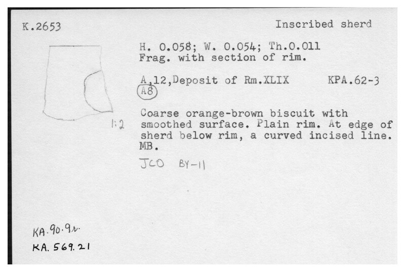 Index card with typed and handwritten information, sometimes including a sketch, of pottery from an excavation.