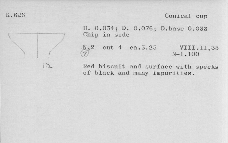 Index card with typed and handwritten information, sometimes including a sketch, of pottery from an excavation.