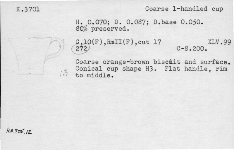 Index card with typed and handwritten information, sometimes including a sketch, of pottery from an excavation.